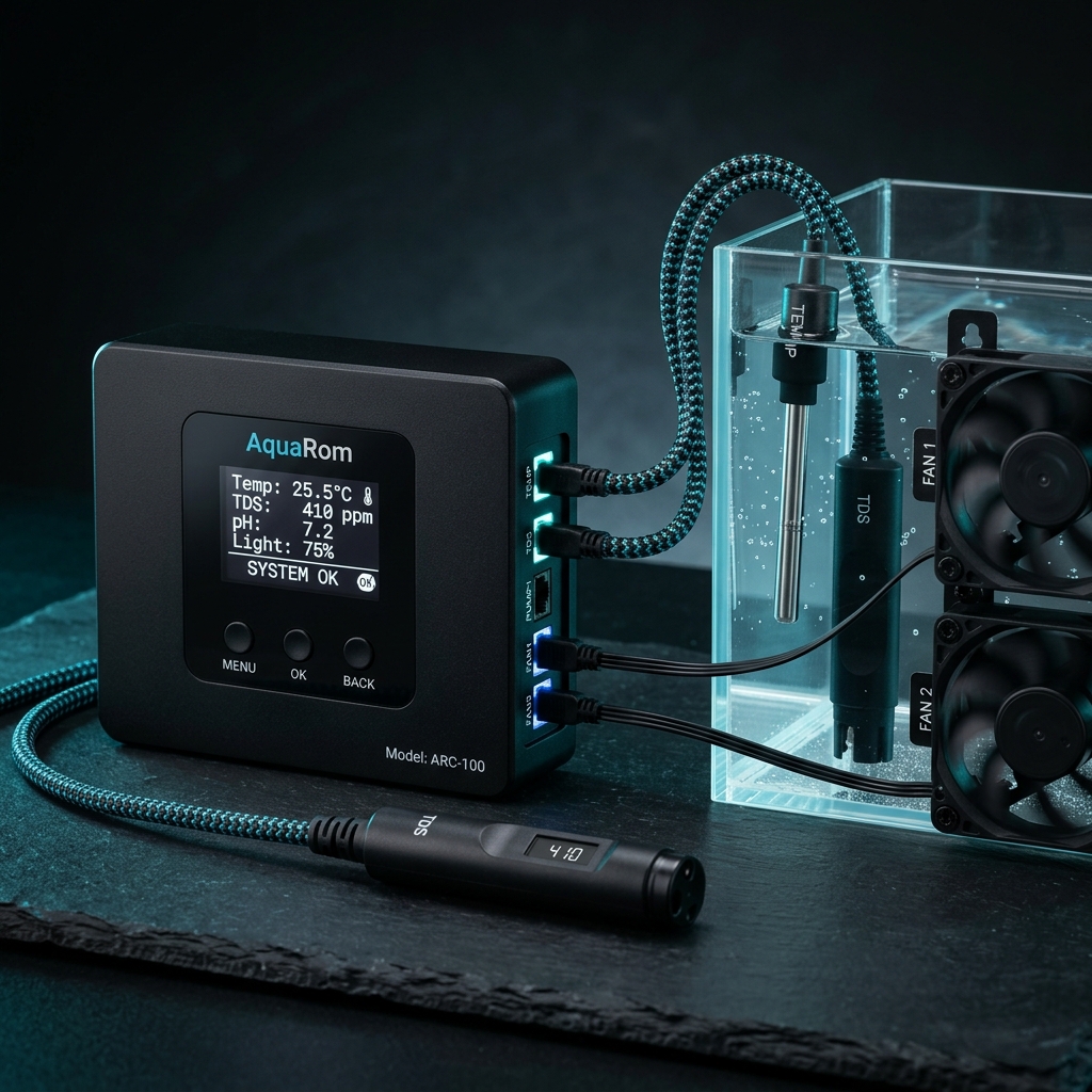 AquaRom physical controller hardware with probes and cooling fans